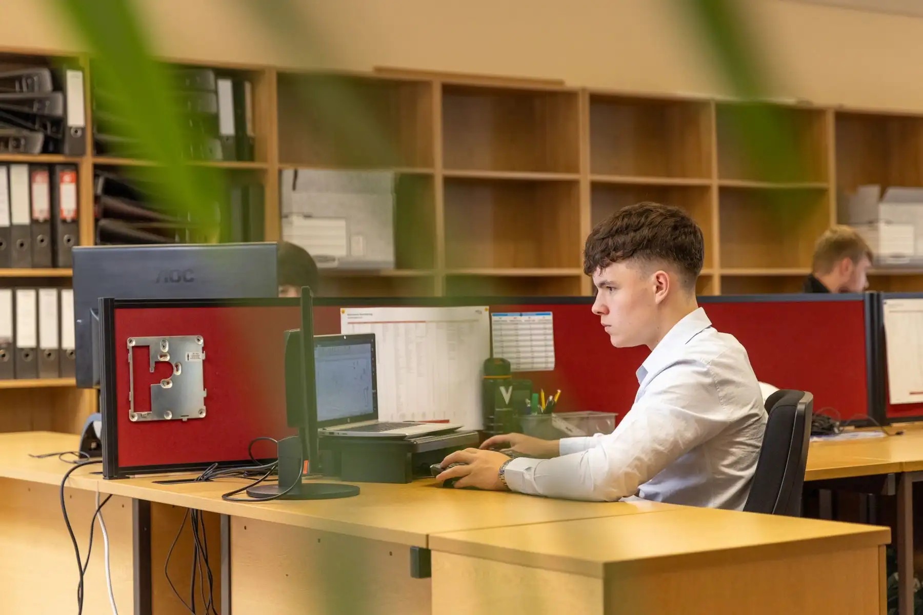Junger Mann im Hemd arbeitet im Büro am Bildschirm, im Regal dahinter Aktenordner.