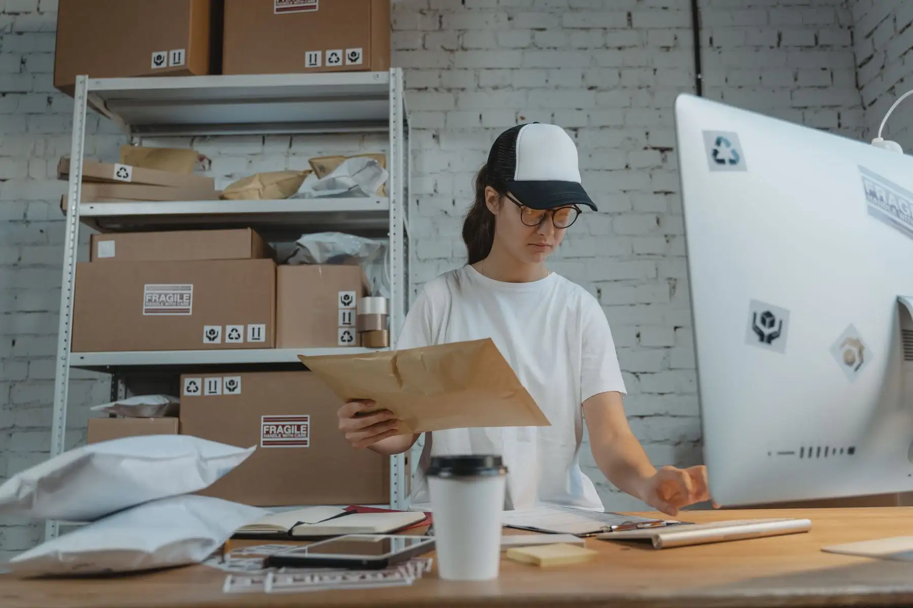 Junge Mitarbeiterin prüft am Schreibtisch im Warenlager Lieferpapiere, daneben Computer, Pakete und Regale mit Kartons.